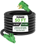 Heavy Duty 50 Amp Rv Extension Cord 50 Feet, Nema 14-50p To 14-50r Plug, coiled with plug ends, ideal for trailers and EV chargers.
