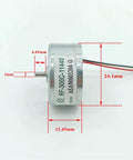 Micro 300 DC Motor One Point Five To Six Volts 6500 RPM 24mm round spindle with measurements and wiring details shown