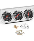 Front view of chrome 52mm triple gauge kit: oil pressure, water temp, ammeter; includes mounting hardware.
