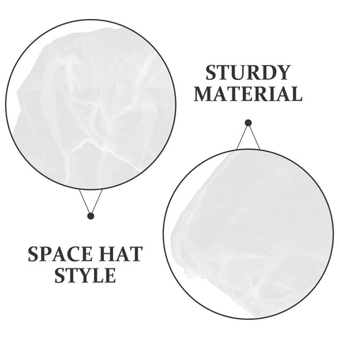 Close-up of 50 Pack White Disposable Nonwoven Space Hood Caps For Snagging Hair Tight And Keeping Kitchens Spotless, showcasing space hat style and sturdy material.