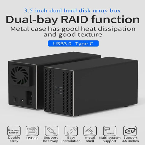 Plug And Play Dual Bay Hard Drive Enclosure Rock Solid USB 3.0 And USB 3.1 RAID Array Dock with metal housing and dual-bay setup.