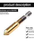 Angled side view of countersink drill bit, size 6, gold-colored high-carbon steel with titanium coating and hex shank