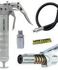LockNLube professional dual-mode pistol-grip grease gun kit with 20-inch hose, inline swivel, coupler, and seal tube.