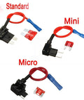 Upgrade Your Gear With This Super Cool Fuse Tap Adapter That Turns One Spot Into Two For Adding Extra Electronics Like Phone Cradles Or Alarms Without Any Messy Splicing Wires Needed For Micro Mini And Standard Blade Fuses Up To 10 Amps Perfect For. Standard Mini Micro blade fuse tap adapter with wire lead and fuse clips