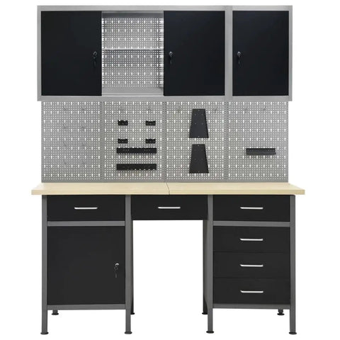 Heavy Hitter 63 Inch Garage Workstation Featuring Six Ball Bearing Drawers Two Rugged Locking Cabinets And Four Perforated Wall Panels with wood top