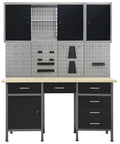 Heavy Duty Steel Garage Workbench With 6 Smooth Sliding Drawers And 2 Wall Cabinets 63 Inch Workshop Tool Bench With Pegboard Panels and storage.