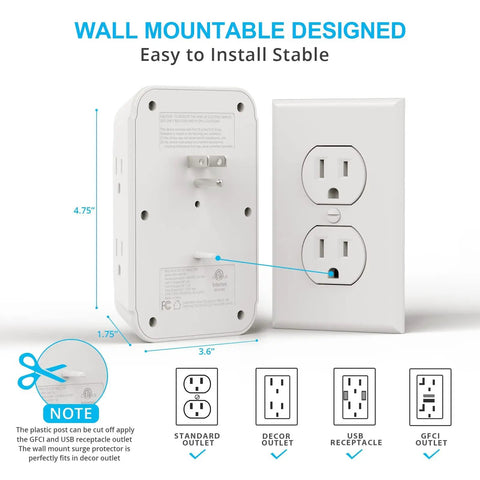 Back view of Power Strip With Wall Mount, 6 Outlets And 3 USB Ports Including 1 USB C Fast Charge, showing dimensions and wall socket fit.