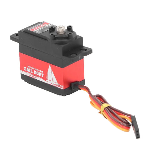 Premium Aluminum Alloy Servo Motor Built Tough Runs Smooth Whisper Low Noise Killer Pull Top Shelf Efficiency For Model Airplanes side view with wiring visible.