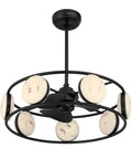 Matte Black Jewelry Inspired Chandelier Ceiling Fan With Integrated Led Lighting And Remote Featuring Faux Alabaster Accents and six blades.