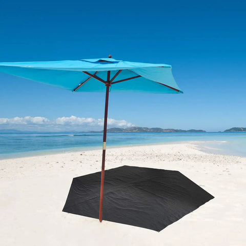 Heavy Duty Waterproof 10x10 Tarpaulin Ground Cover For Outdoor Camping shown on sandy beach with blue umbrella