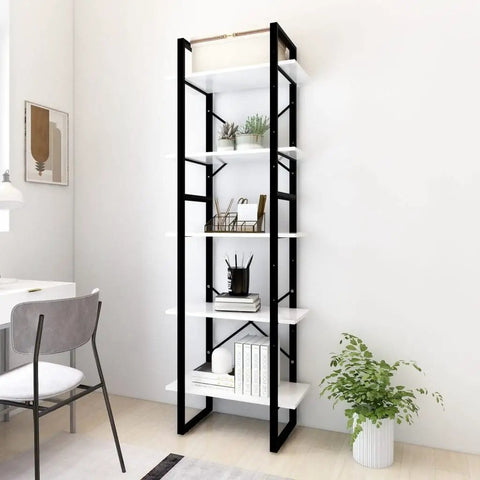 Industrial 5-Tier Engineered Wood Bookcase With Black Metal Frame White Finish Open Shelves For Living Room And Office Space Saving