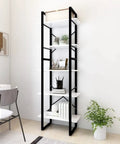 Five Tier White Bookcase Two Piece Set Built With Engineered Wood And Metal Frame, open shelves, in modern industrial home decor.