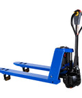 Heavy Duty Electric Pallet Jack With 3,300 Lbs Capacity And 48V Lithium Battery For Smooth Warehouse Haulin' viewed from side, blue color.