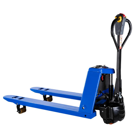 Heavy Duty Electric Pallet Jack With 3,300 Lbs Capacity And 48V Lithium Battery For Smooth Warehouse Haulin' viewed from side, blue color.
