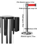 Rock Solid Stainless Steel Stanchion Pair With Snappy Retractable Polyester Cord For Crowd Calming Plus Line Forming At Bars Venues Using Totally Smooth Springless Damper Pushback System measurement details including pole height of 90cm.