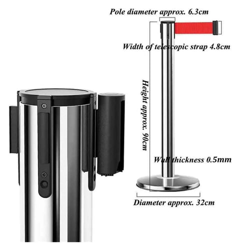 Rock Solid Stainless Steel Stanchion Pair With Snappy Retractable Polyester Cord For Crowd Calming Plus Line Forming At Bars Venues Using Totally Smooth Springless Damper Pushback System measurement details including pole height of 90cm.