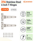 316 Stainless Steel T Hinges 6 By 3 In Built To Last Heavy Duty Marine Grade Door Hinges That Resist Rust With Mirror Polish Finish Weatherproof For Coastal Use And Harsh Environments, 2-pack 6 in T-hinges and screws