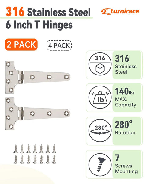 316 Stainless Steel T Hinges 6 By 3 In Built To Last Heavy Duty Marine Grade Door Hinges That Resist Rust With Mirror Polish Finish Weatherproof For Coastal Use And Harsh Environments, 2-pack 6 in T-hinges and screws