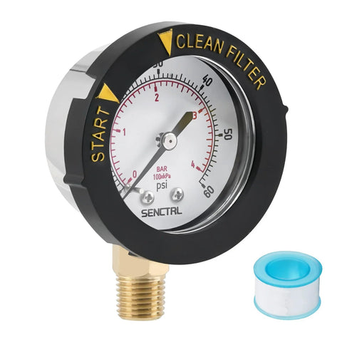 SENCTRL 0-60 psi pool filter gauge, 2-inch dial, stainless steel case, 1/4 NPT lower mount; blue cap.