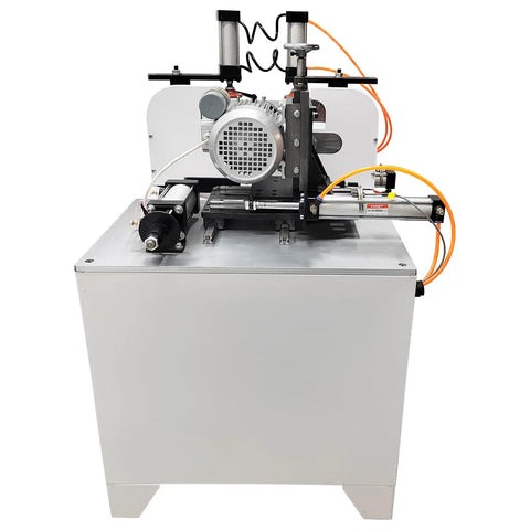 Pro Shop Grade 45 Degree Corner Cutting And Punching Machine With Dual Spindles and 8 Inch Alloy Saw Blade viewed from front, showcasing motor and controls.