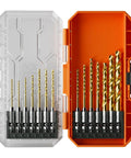 14-Piece Titanium Drill Bit Set With Impact Rating, 1/4 Inch Hex Shank, Cuts Metal Plastic And Wood, in plastic case