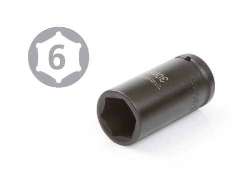 30 mm socket from 3/4 Inch Drive Deep 6-Point Impact Socket Set With Case, 8-Piece (27-38 Mm) for heavy-duty wrenching, high-torque grip shown
