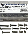 Plastic organizer box containing Type 316 stainless steel Phillips flat-head machine screws for marine use, assorted sizes.