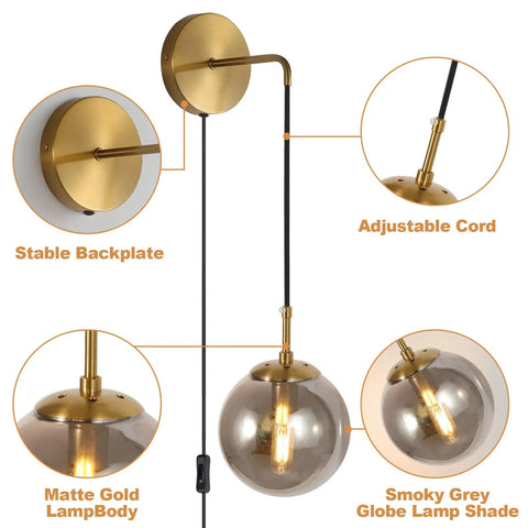 Set Of 2 Plug-In Wall Sconces With Brushed Brass Finish And Smoke Grey Glass Globes, detailing backplate, cord, and globes
