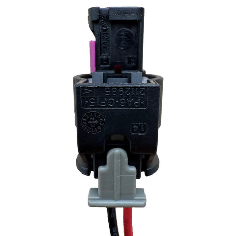 Premium Engine Coolant Temperature Sensor Connector And Wiring Harness Kit Compatible With Audi Bmw Chevrolet Ford Gmc Hyundai Jeep Benz Vw Direct Replacement 13587326 S2860 showing top view of connector with purple and red wires.
