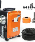 Heavy Duty Cordless Drain Auger Automatic Pipe Cleaning Spiral Knocks Out Sink Shower Floor Blockages Waterproof Copper Motor With Five Meter Spring To Handle Anything No Sweat, showing machine and accessories.