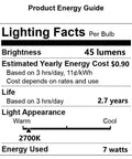 Lighting facts label showing 45 lumens, 7 watts for 7 Watt Night Light Bulbs For Salt Lamps Replacement C7 Style Bulbs With E12 Candelabra Base.