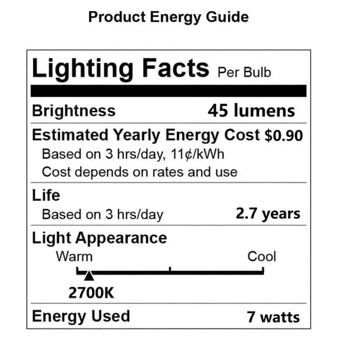 Lighting facts label showing 45 lumens, 7 watts for 7 Watt Night Light Bulbs For Salt Lamps Replacement C7 Style Bulbs With E12 Candelabra Base.
