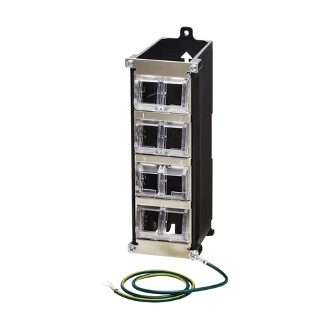 Eight Port DIN Rail Keystone Jack Mounting Module With Grounding And Snap In Clip Attaches To Thirty Five Millimeter DIN Rail TAA Compliant No Tools Required Eight Blank Keystone Cutouts For Jacks And Couplers