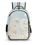 Front view of pastel pink white daisies printed unisex backpack with large capacity, durable polyester for school, work, travel, and everyday adventures.