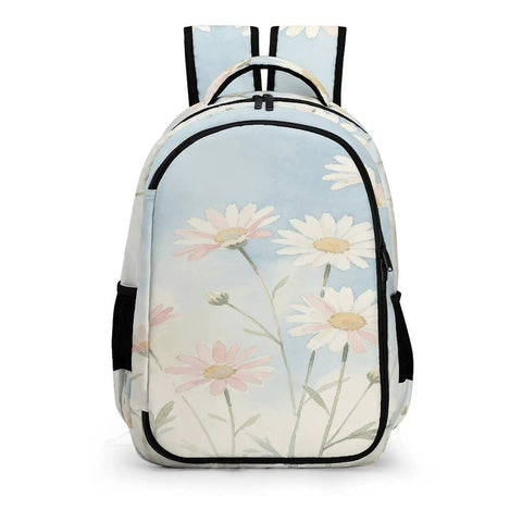Front view of pastel pink white daisies printed unisex backpack with large capacity, durable polyester for school, work, travel, and everyday adventures.