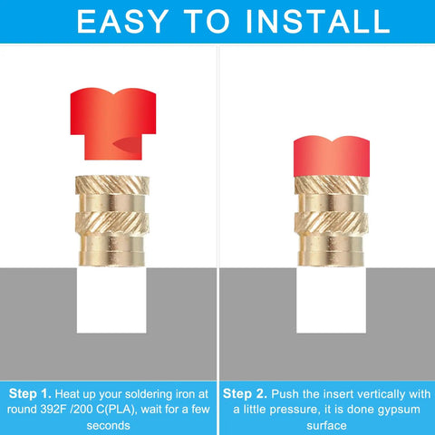 Steps for installing Heavy Duty Brass Threaded Inserts M6 Metric Heat Set Nuts With Knurled Grip For Plastic Jigs and 3D Models.