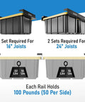 Heavy Duty Connectable Ceiling Garage Storage Rack System With Metal Rails Built Tough Expandable Shelving For Workshop Hanging Racks And Tote Bins Supports Up To Six Bins Black showing installation requirements for 16" and 24" joists