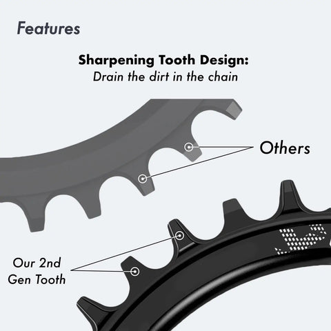 104Mm BCD Round Oval Bike Chainring showing sharpening tooth design for better chain dirt drainage