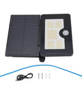 GOWENIC Solar Powered Floodlight, 4 Lighting Modes, Foldable 180 Degree with solar panel and accessories laid out