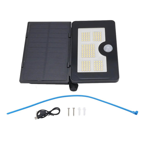 GOWENIC Solar Powered Floodlight, 4 Lighting Modes, Foldable 180 Degree with solar panel and accessories laid out