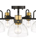 5-Light Chandelier With Clear Glass Shades, Black And Brushed Brass Finish, Semi Flush Mount Ceiling Light Fixture, close-up view