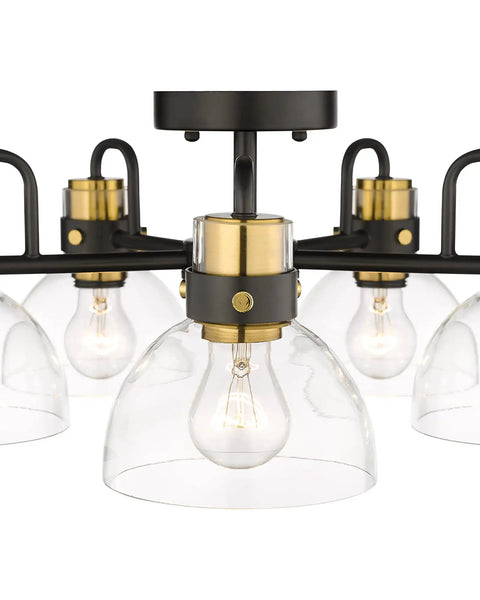 5-Light Chandelier With Clear Glass Shades, Black And Brushed Brass Finish, Semi Flush Mount Ceiling Light Fixture, close-up view