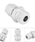 304 stainless steel pipe fitting double ferrule joint connector with M20×1.5 thread and 8 mm bore.

Side view: 304 stainless steel pipe fitting with external threads and hex nut.

Vertical view of stainless steel tube adapter with hex nut and threaded ends.

Angled view of stainless steel connector showing male threads and hex nut.