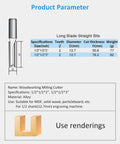 Must-Kill 1/2 Inch Shank Flush Trim Router Bit For Woodworking Pros specifications chart with size, material, and use details.