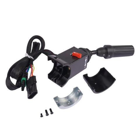 Transmission Shifter Assembly OEM Replacement 238270A1 For Case And New Holland Wheel Loaders DW2 DW3 Heavy Duty Easy Fit Transmission Control Part For Smooth Shifting, Beefy Performance, And Wide Model Compatibility. Black plastic shifter with wiring harness, mounting clips, and screws