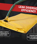 Folded 5x5 Foot Roof Leak Diverter Tarp Vinyl Coated With Heavy Duty Grommets Yellow Rain Catcher featuring central hose connection.