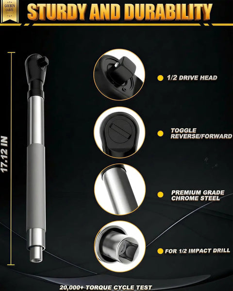 Smooth Operator Offset Extension Wrench Kit With 1/2 3/8 And 1/4 Inch Drill Adapters High Torque Impact Ratchet Extender shown with 1/2 inch drive head.