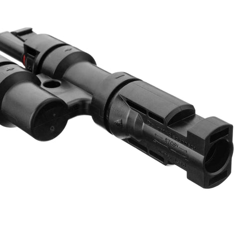 Close-up of Two To One T Branch Solar Panel Connector for PV Systems MFF and FMM Compatibility Just Snap In Design 1000V to 1500V DC 30A IP67