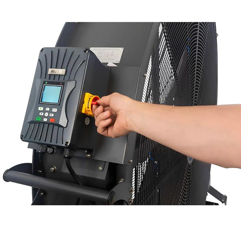 Hulking 78 Inch Mobile Drum Fan Kickin Up Serious Garage Airflow Quiet Tilt Head Industrial Shop Air Circulator control panel close-up
