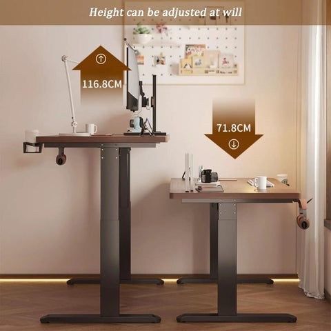 Electric Height Adjustable Standing Desk showing two height settings at 116.8CM and 71.8CM, heavy steel frame for office use.